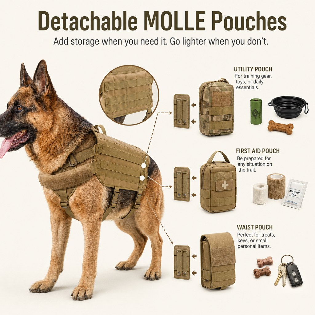 Malloren Tactical Dog Backpack Harness for Hiking & Daily Walks - Detachable Pouches for Gear & Better Control