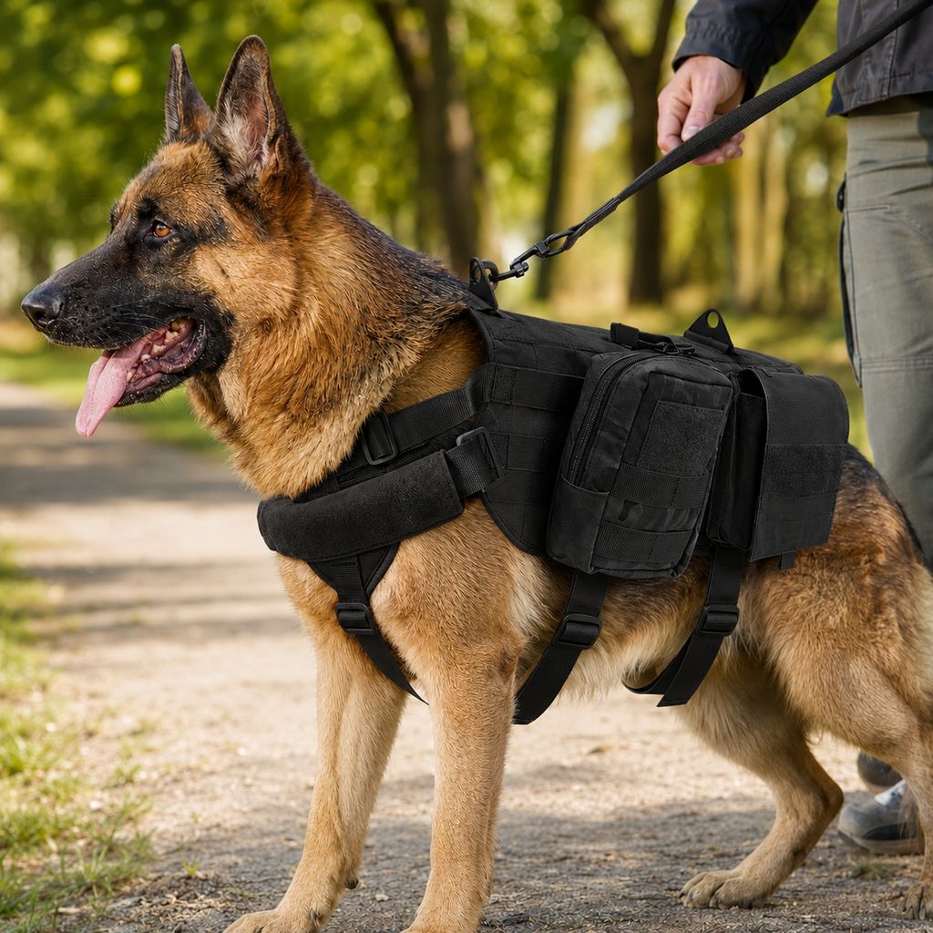 Malloren Tactical Dog Backpack Harness for Hiking & Daily Walks - Detachable Pouches for Gear & Better Control