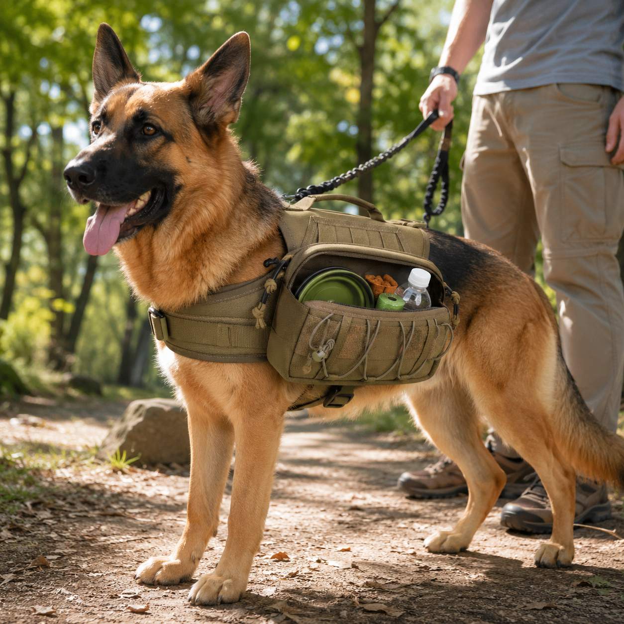 Malloren Tactical Dog Backpack Harness for Hiking, Camping & Daily Walks - Hands-Free Storage for Water, Treats & Poop Bags