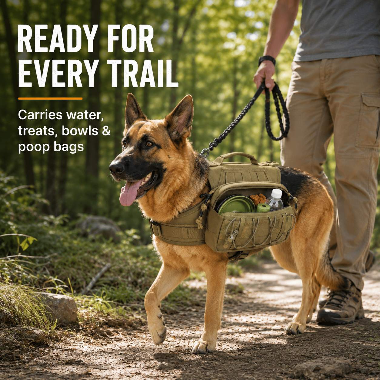 Malloren Tactical Dog Backpack Harness for Hiking, Camping & Daily Walks - Hands-Free Storage for Water, Treats & Poop Bags