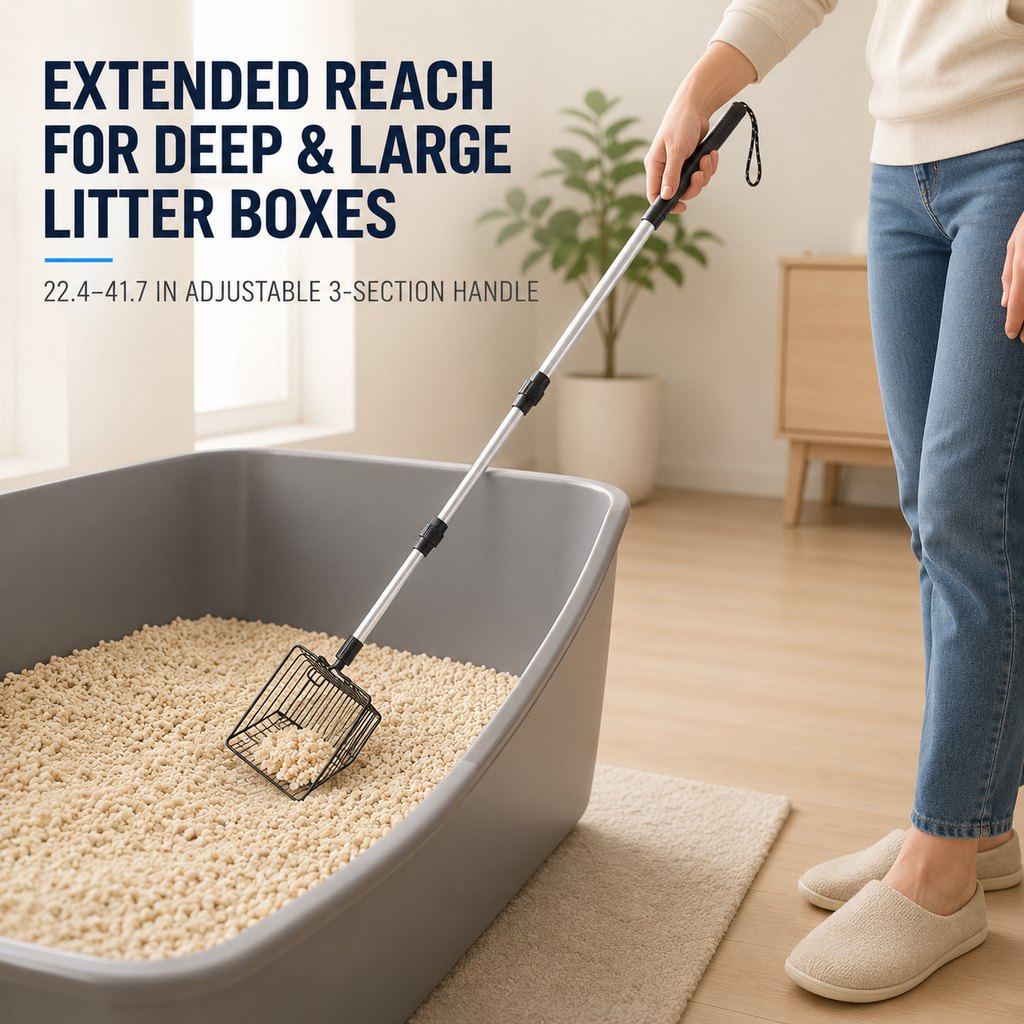 Malloren Telescoping Cat Litter Scoop for Deep Litter Boxes – Long Handle Sifter for Less Bending