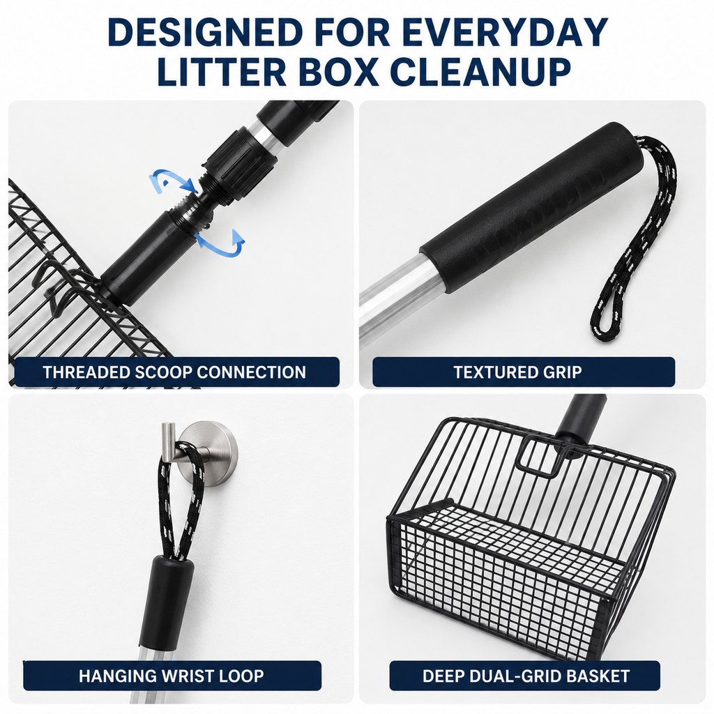 Malloren Telescoping Cat Litter Scoop for Deep Litter Boxes – Long Handle Sifter for Less Bending