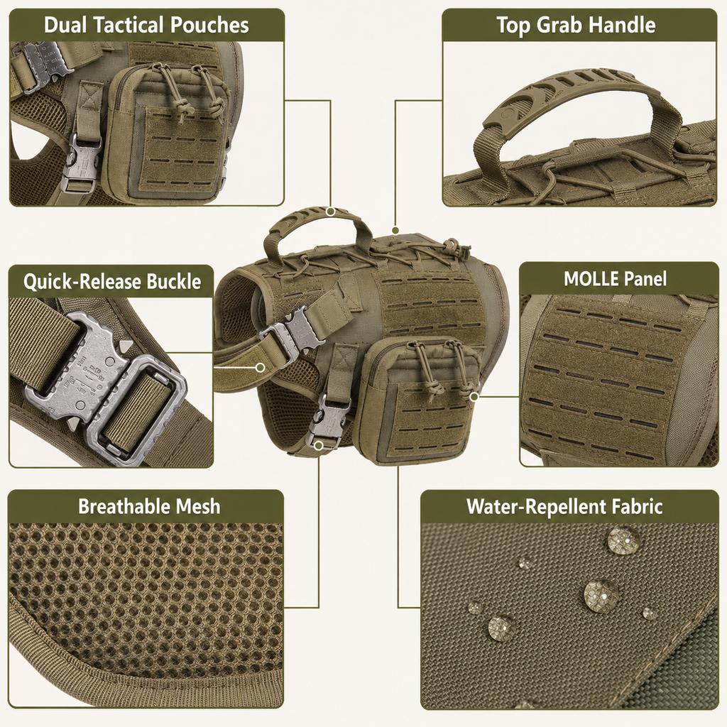 Malloren TrailGuard K9 Tactical Dog Backpack Harness with Dual Side Pouches for Hiking, Camping & Outdoor Walks