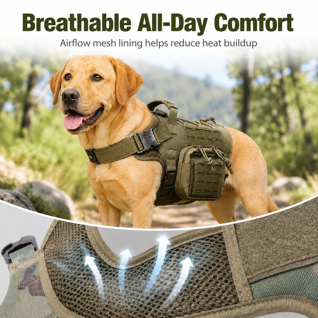 Malloren TrailGuard K9 Tactical Dog Backpack Harness with Dual Side Pouches for Hiking, Camping & Outdoor Walks