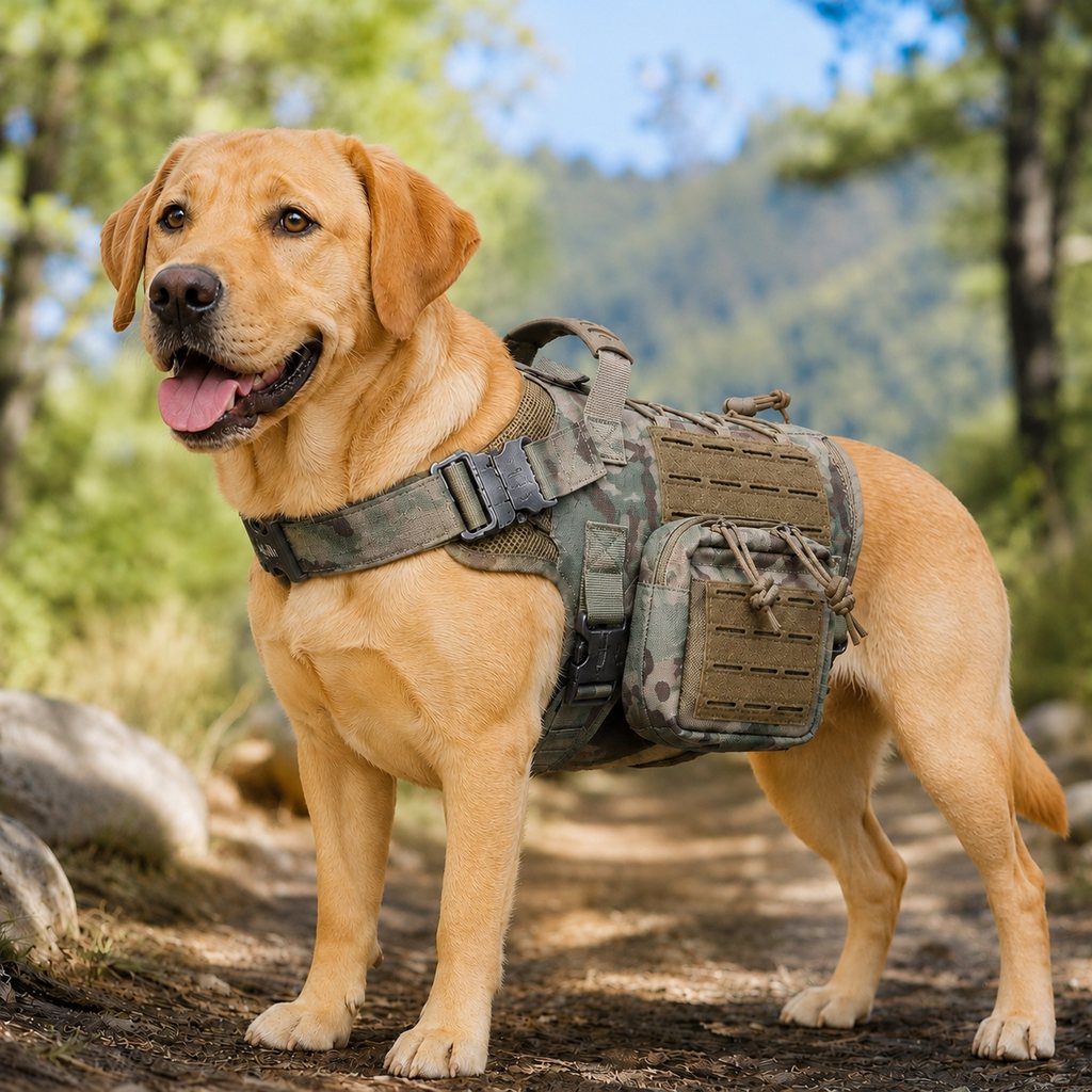 Malloren TrailGuard K9 Tactical Dog Backpack Harness with Dual Side Pouches for Hiking, Camping & Outdoor Walks