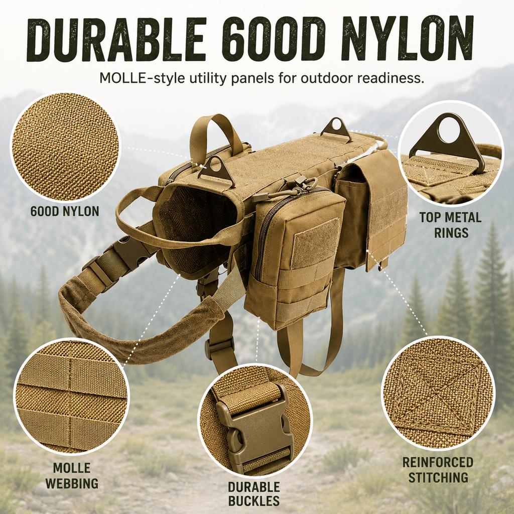 Malloren TrailGuard K9 Tactical Dog Backpack Harness for Hiking, Training & Better Control on Outdoor Walks
