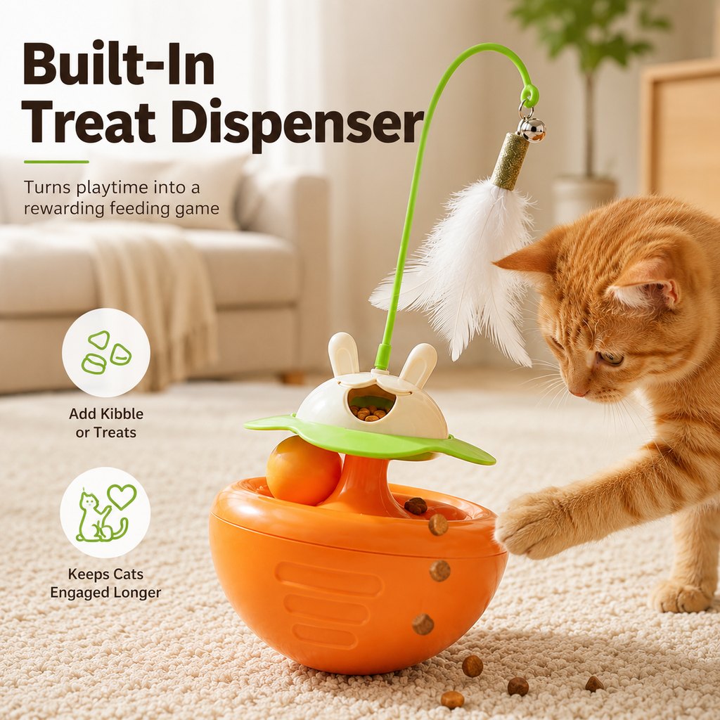 Malloren Interactive Wobble Cat Toy for Indoor Cats - Treat-Dispensing Feather Teaser That Keeps Cats Busy