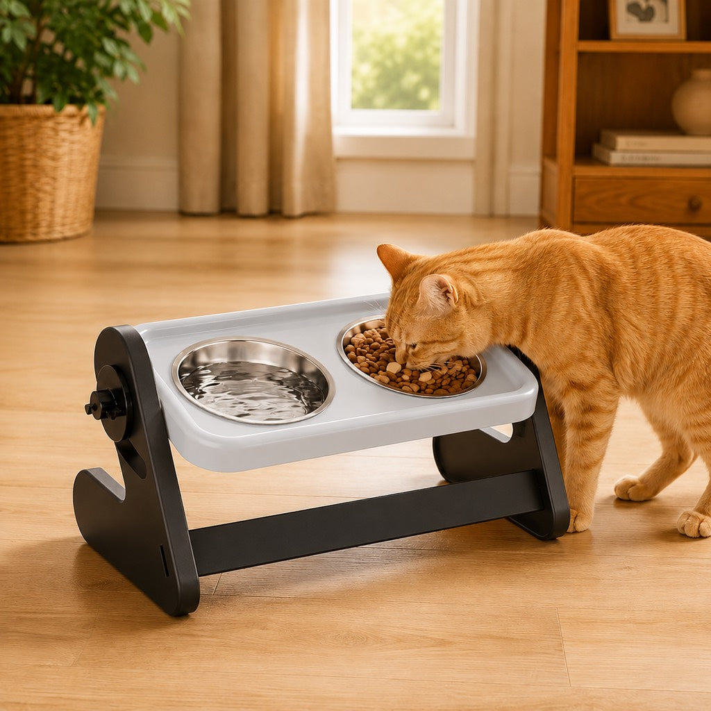 Malloren Adjustable Elevated Stainless Steel Pet Bowls for Cats & Small Dogs - Tilted Feeding Station for Easier Mealtime & Less Floor Mess
