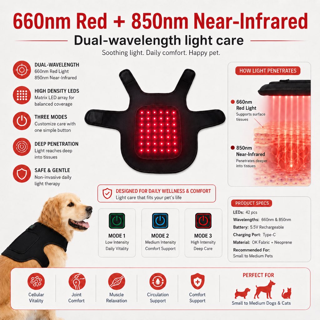 Malloren FrenchieGlow Red Light Comfort Vest for French Bulldogs - USB-Powered or Built-In Battery At-Home Back, Belly & Hip Comfort After Walks, Stairs & Playtime