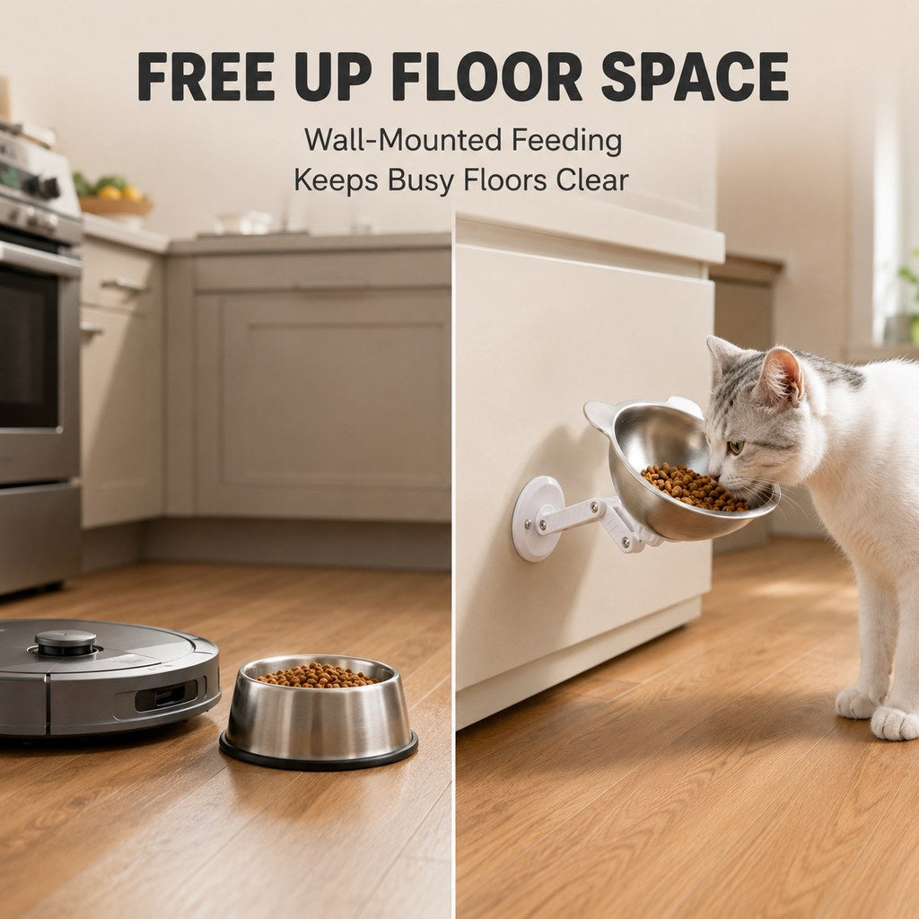 Malloren Adjustable Wall-Mounted Pet Bowl for Cats & Small Dogs - Space-Saving Magnetic Stainless Steel Bowl