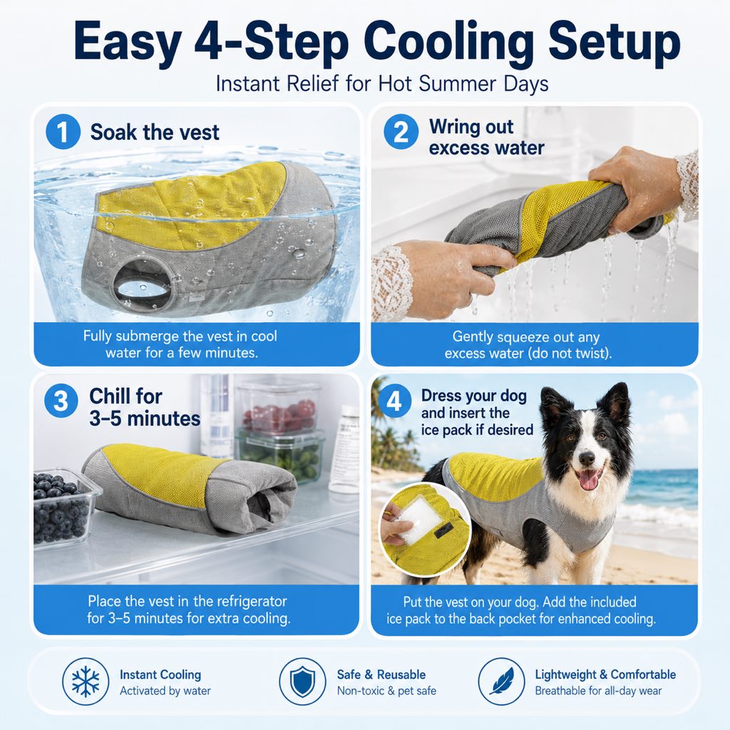 Malloren Water-Activated Dog Cooling Vest for Summer Walks & Hikes - Breathable Heat-Relief Vest with Ice Pack Pocket