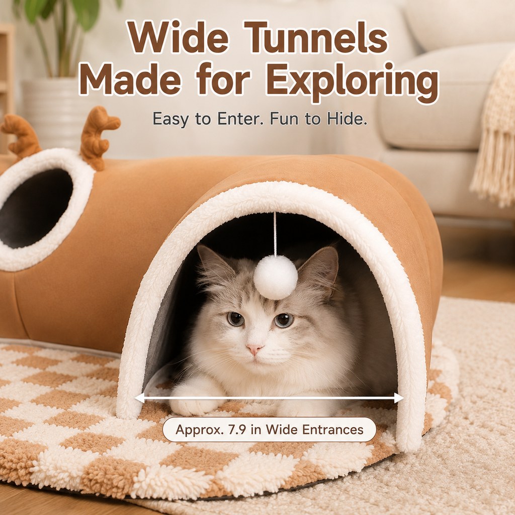 Malloren 3-in-1 Multi-Cat Tunnel Bed & Play Mat for Indoor Cats - Spacious Cozy Hideaway for Shared Rest, Play & Less Bed Competition