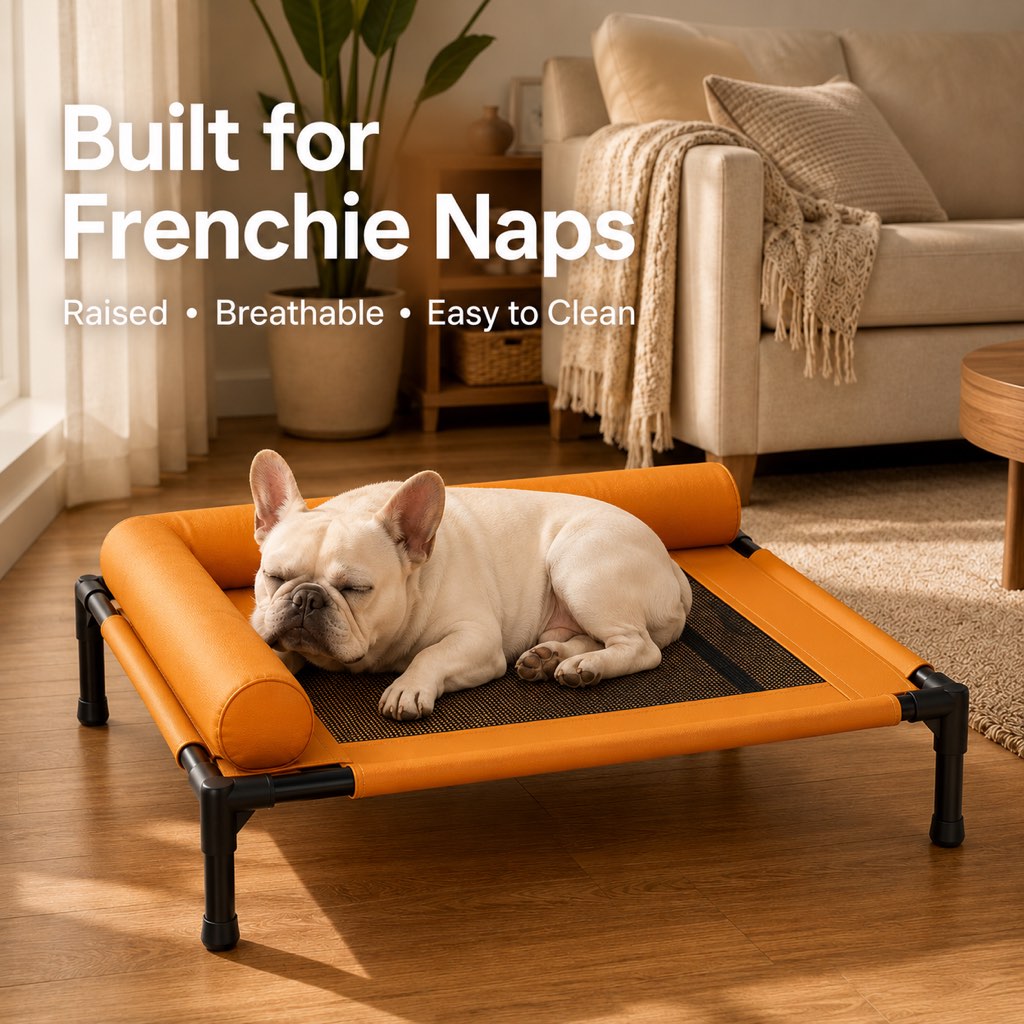 Malloren French Bulldog Elevated Dog Cot for All-Season Indoor Naps - Breathable Raised Pet Bed with Soft Bolsters for Cooler Rest & Easy Cleaning