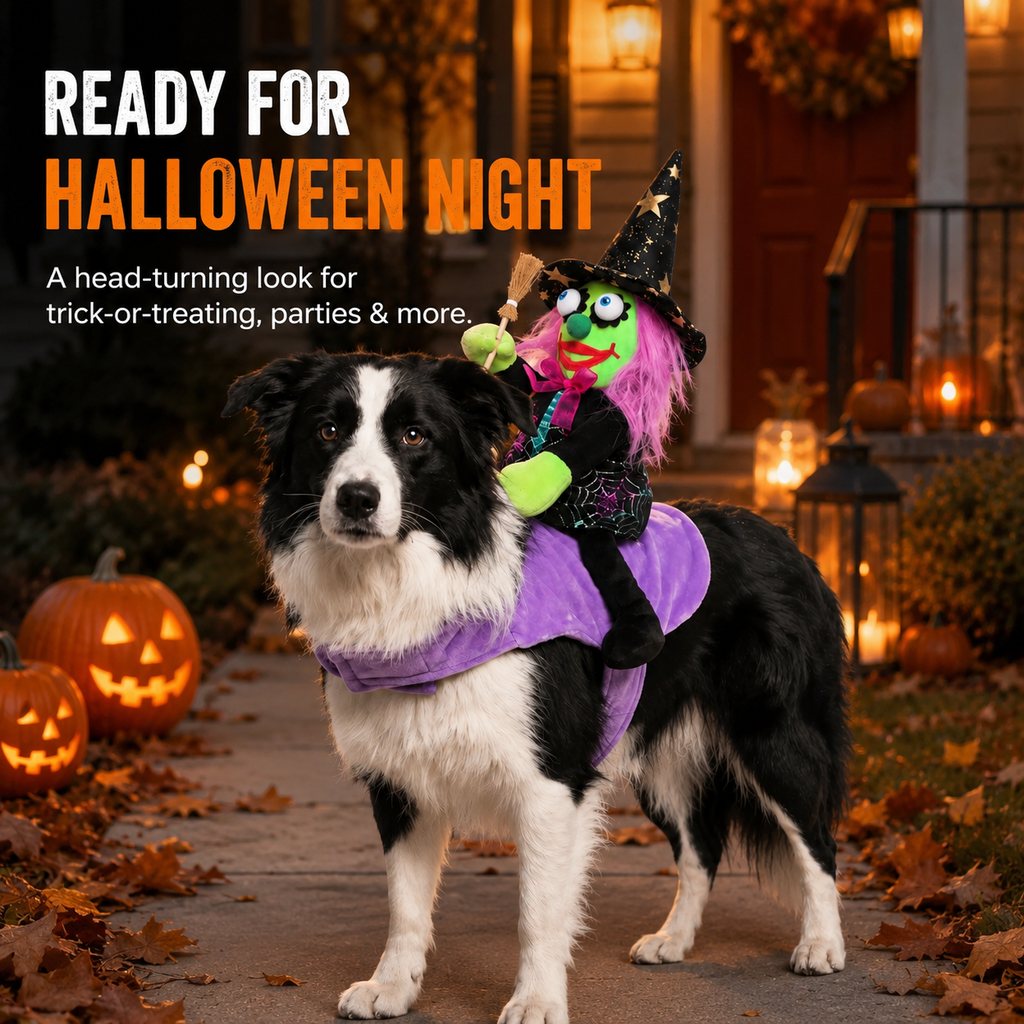 Malloren 3D Witch Rider Halloween Pet Costume for Trick-or-Treating, Parties & Photos – Instant Funny Look for Dogs & Cats