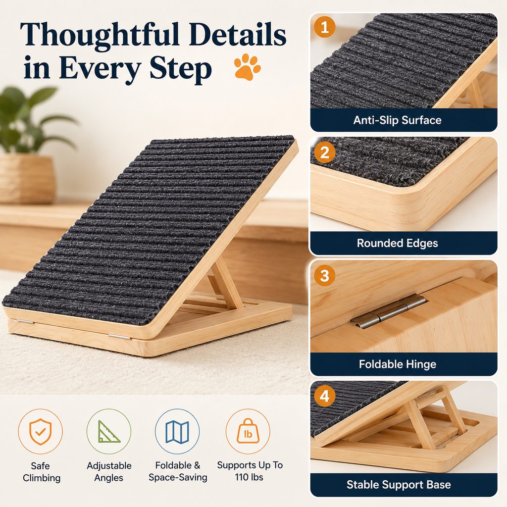 Malloren Foldable Wooden Dog Stairs for Small Dogs - Non-Slip Pet Ramp for Sofa, Bed & Indoor Steps