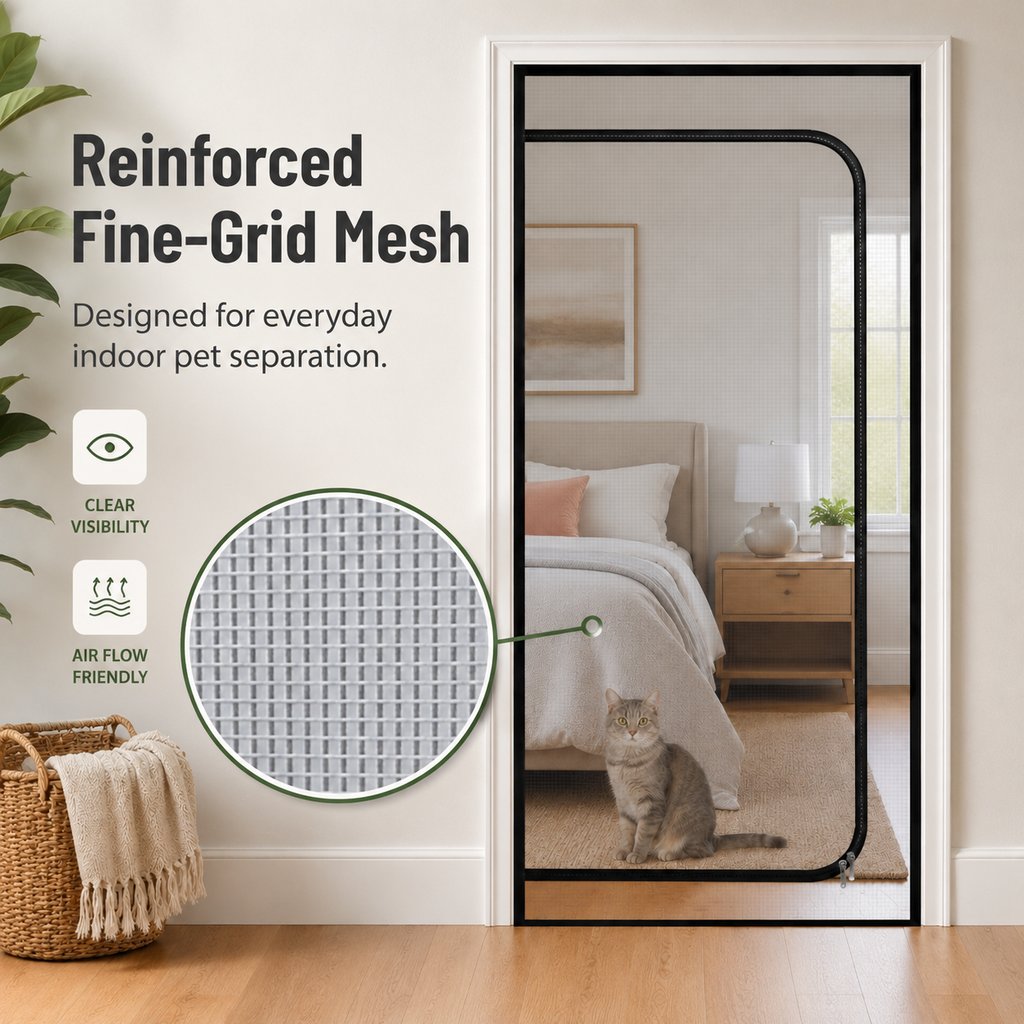Malloren Zippered Pet Mesh Door Barrier for Bedrooms & Home Offices - Helps Keep Cats in Designated Rooms Without Closing the Door