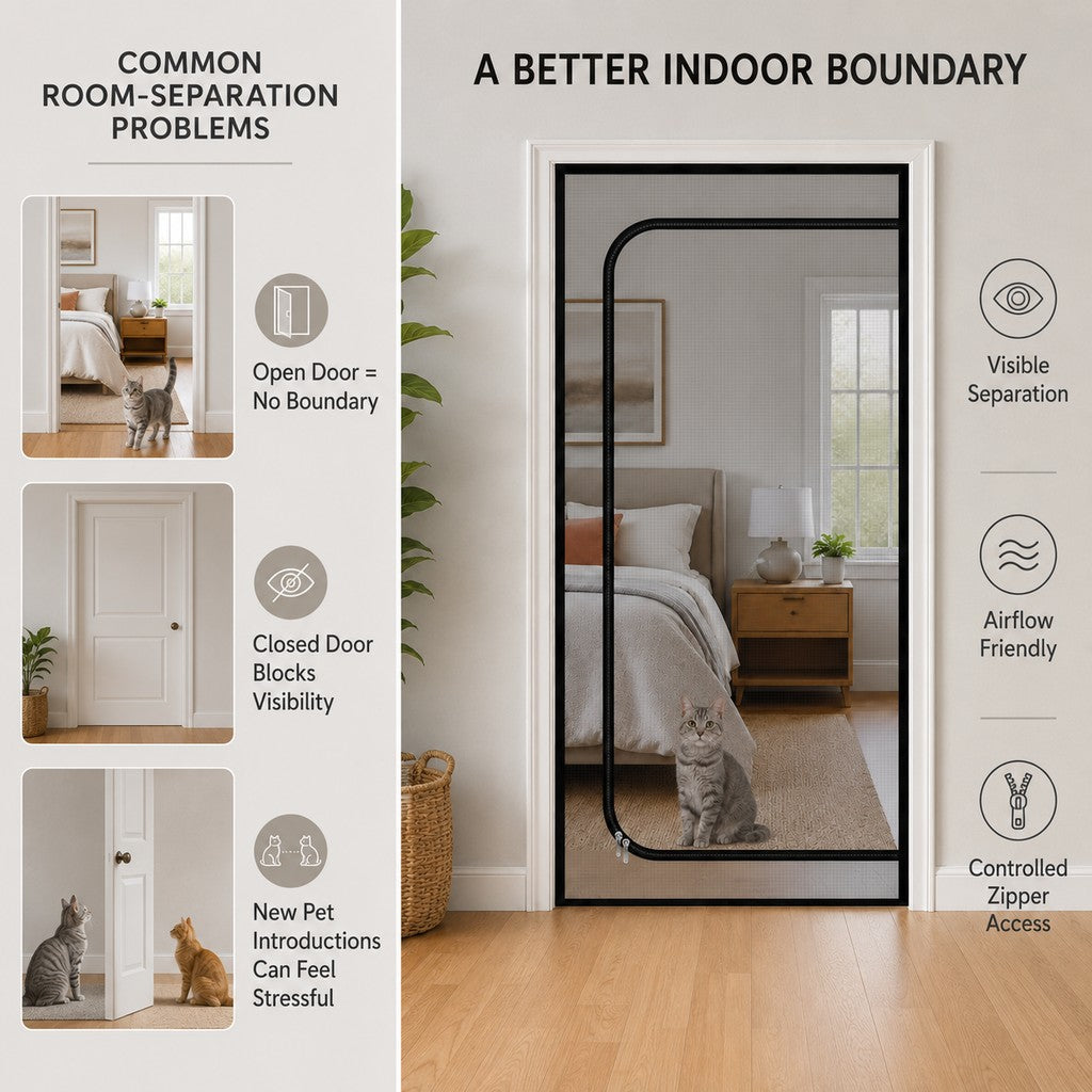 Malloren Zippered Pet Mesh Door Barrier for Bedrooms & Home Offices - Helps Keep Cats in Designated Rooms Without Closing the Door