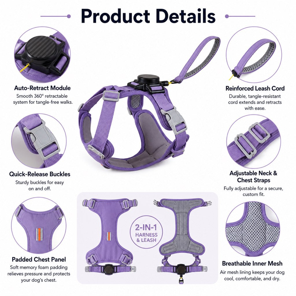 Malloren 2-in-1 Retractable Dog Harness for Daily Walks - Built-In Leash Vest with Auto-Stop Control for Small & Medium Dogs