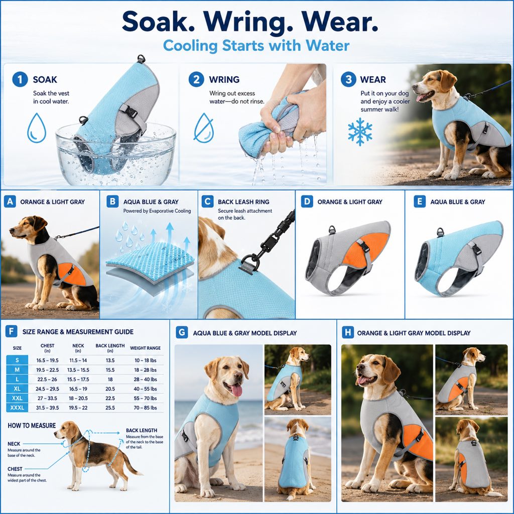 Malloren Dog Cooling Vest for Summer Walks - Wet-to-Cool Lightweight Jacket with Leash Ring for Hot Weather Outdoor Comfort