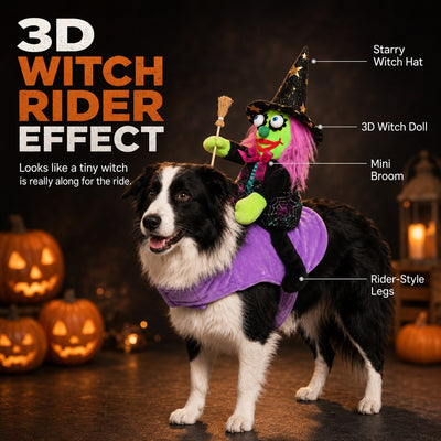 Malloren 3D Witch Rider Halloween Pet Costume for Trick-or-Treating, Parties & Photos – Instant Funny Look for Dogs & Cats