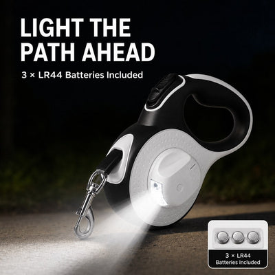 Malloren LED Retractable Dog Leash for Evening Walks - Built-In Path Light, One-Hand Brake & 9.8/16.4 FT Range