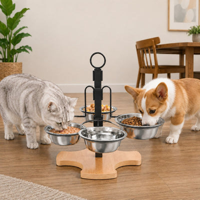 Malloren 4-Bowl Adjustable Elevated Pet Feeder for Cats & Small Dogs - Organized Food and Water Station