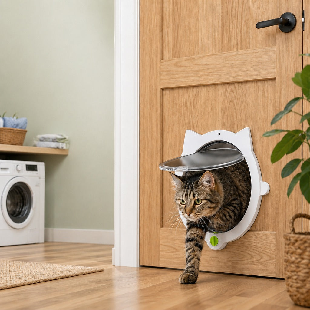 Malloren 4-Way Locking Interior Cat Door for Litter Box Cabinets & Rooms - Private Access Without Door Scratching