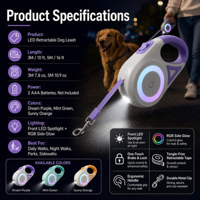 Malloren LED Retractable Dog Leash for Night Walks - Light-Up Dog Leash with Built-In Spotlight, RGB Side Glow & One-Touch Brake for Safer Evening Walks