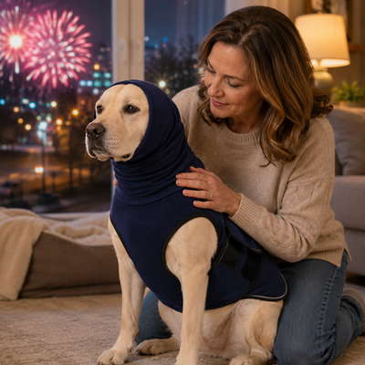 Malloren Dog Calming Shirt for Fireworks & Thunderstorms - Anxiety Relief Wrap with Ear-Covering Hood for Vet Visits, Travel & Night Walks