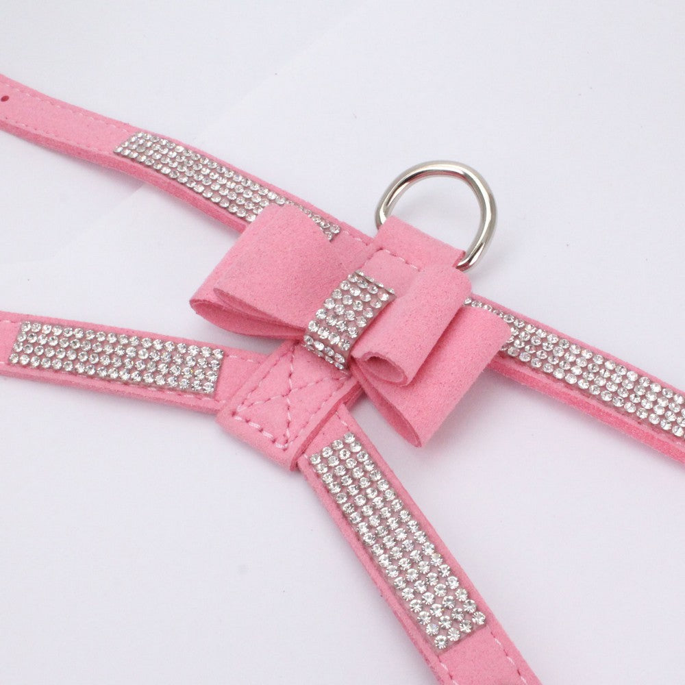 Pet Dog Harness Leash Set with Rhinestone Bow: Suede Bow Leather Leash for Stylish Walks