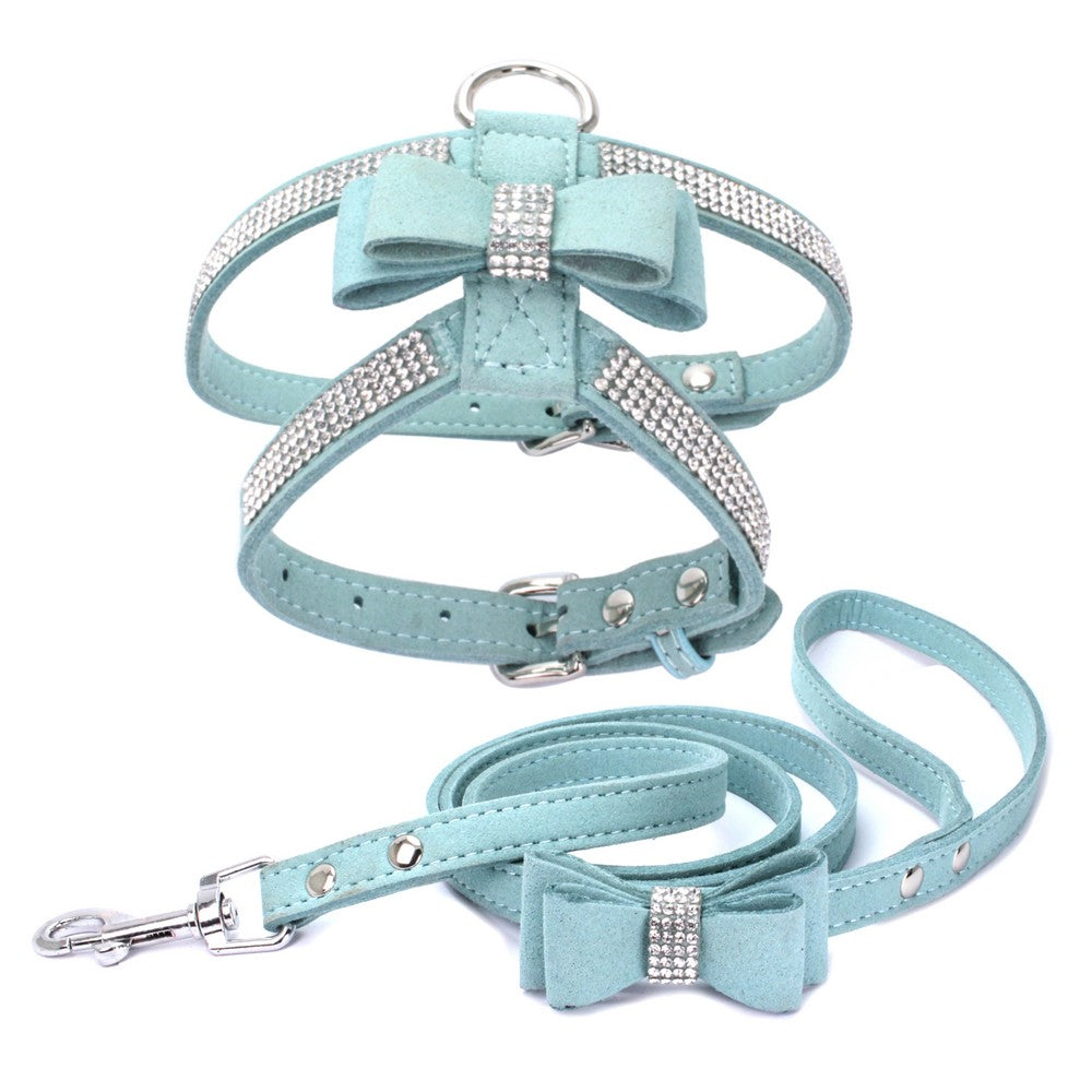 Pet Dog Harness Leash Set with Rhinestone Bow: Suede Bow Leather Leash for Stylish Walks