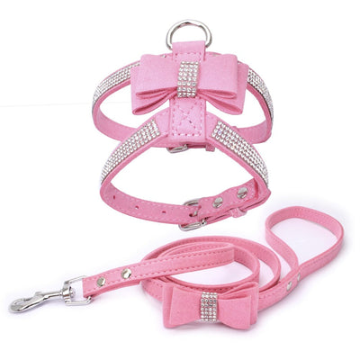 Pet Dog Harness Leash Set with Rhinestone Bow: Suede Bow Leather Leash for Stylish Walks