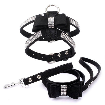 Pet Dog Harness Leash Set with Rhinestone Bow: Suede Bow Leather Leash for Stylish Walks