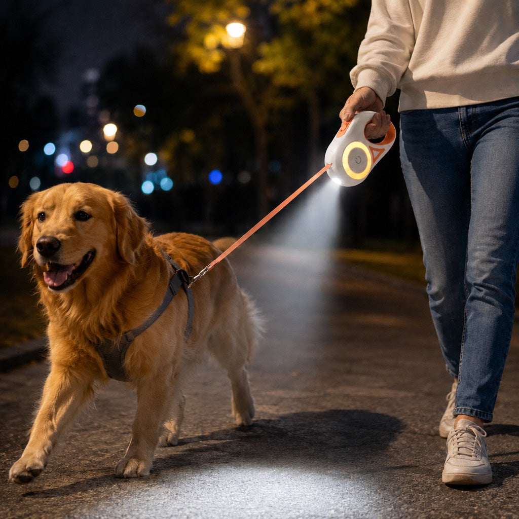 Malloren LED Retractable Dog Leash for Night Walks - Light-Up Dog Leash with Built-In Spotlight, RGB Side Glow & One-Touch Brake for Safer Evening Walks