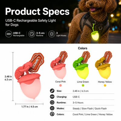 Malloren AcornGlow USB-C Rechargeable Pet Safety Light for Night Walks - Clip-On Acorn LED Charm for Collars, Harnesses & Leashes to Help Dogs Stay Visible After Dark
