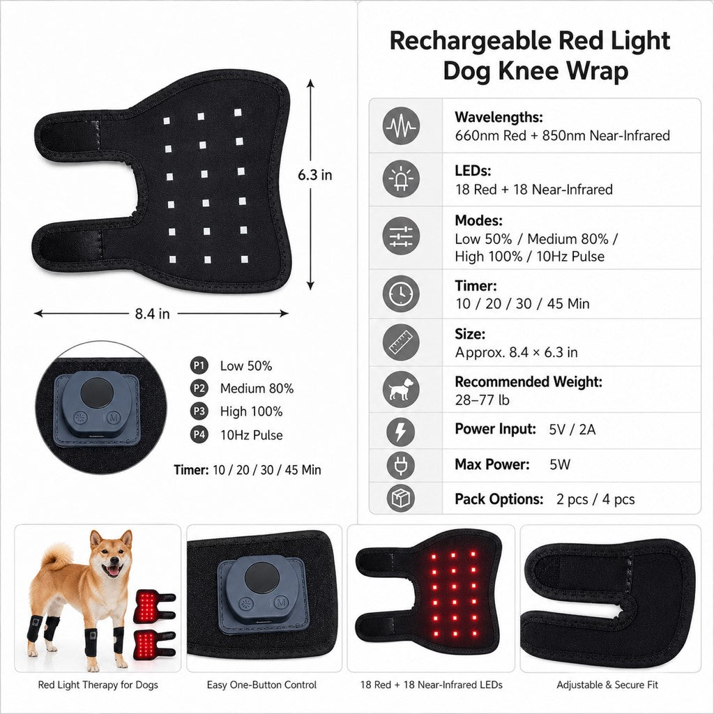Malloren Rechargeable Red Light Therapy Dog Knee Wrap for Senior Dogs - At-Home Leg Comfort Support for Post-Walk Stiffness & Mobility Care