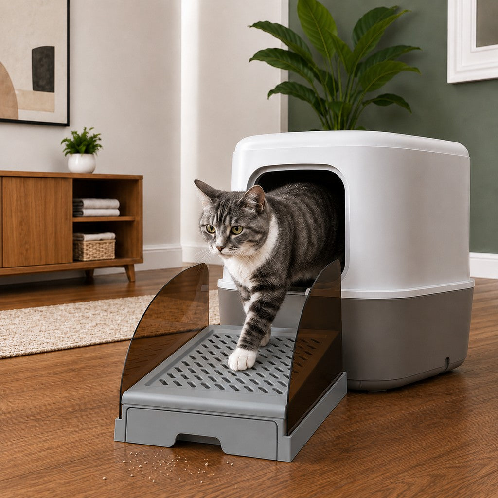 Malloren Adjustable Cat Litter Box Step with Pull-Out Tray for Cleaner Floors
