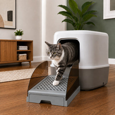 Malloren Adjustable Cat Litter Box Step with Pull-Out Tray for Cleaner Floors