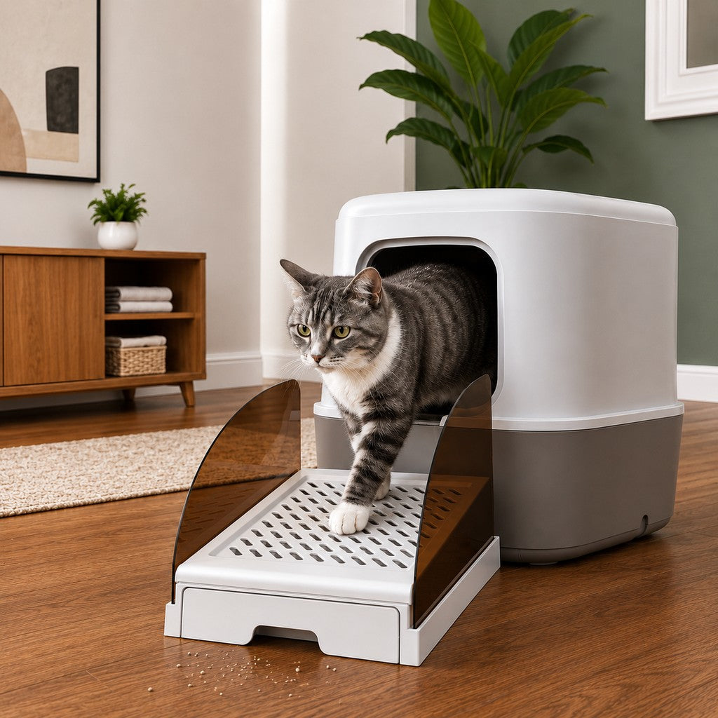 Malloren Adjustable Cat Litter Box Step with Pull-Out Tray for Cleaner Floors