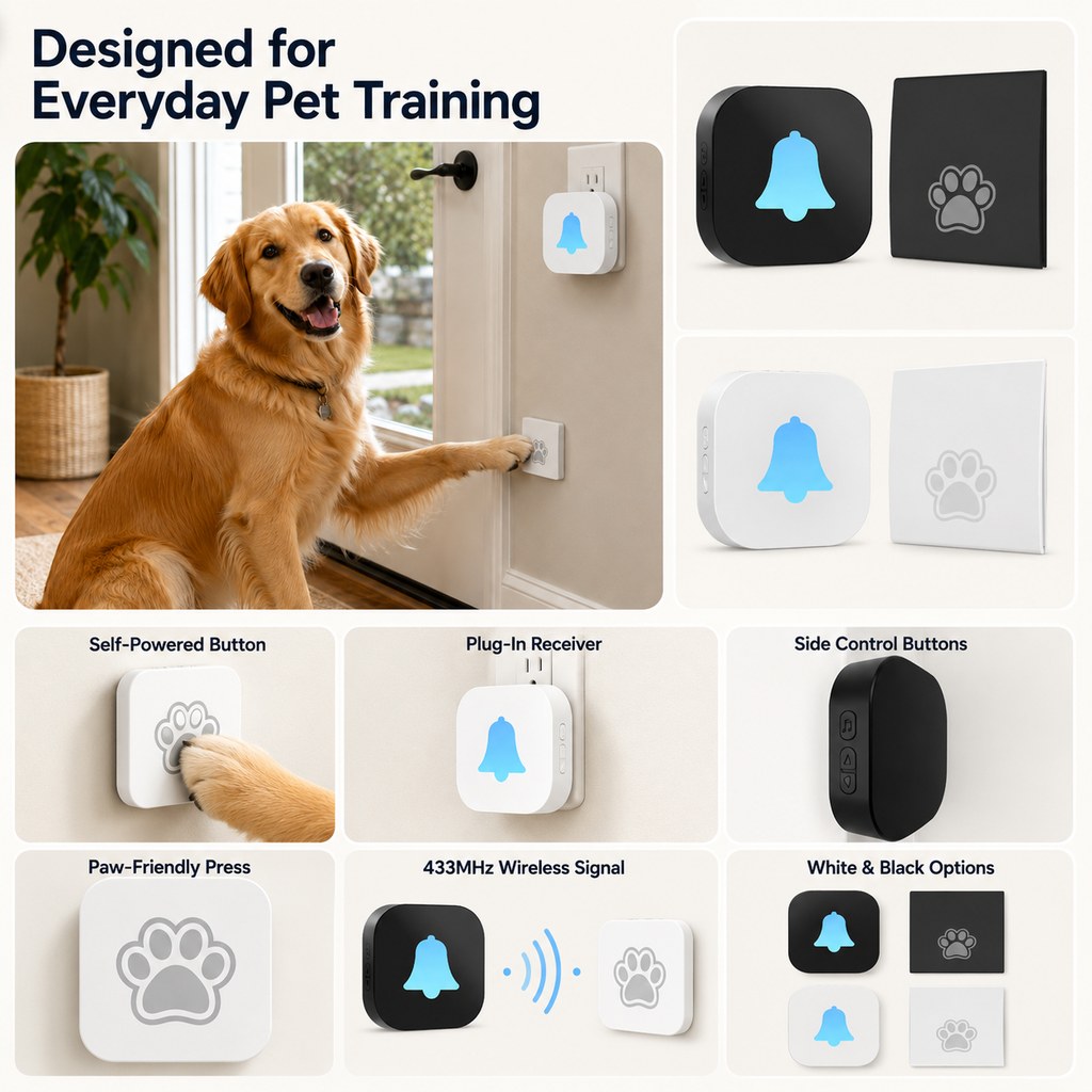 Malloren Wireless Dog Doorbell for Potty Training - Self-Powered Paw Button & Plug-In Chime to Help Dogs Ask to Go Outside