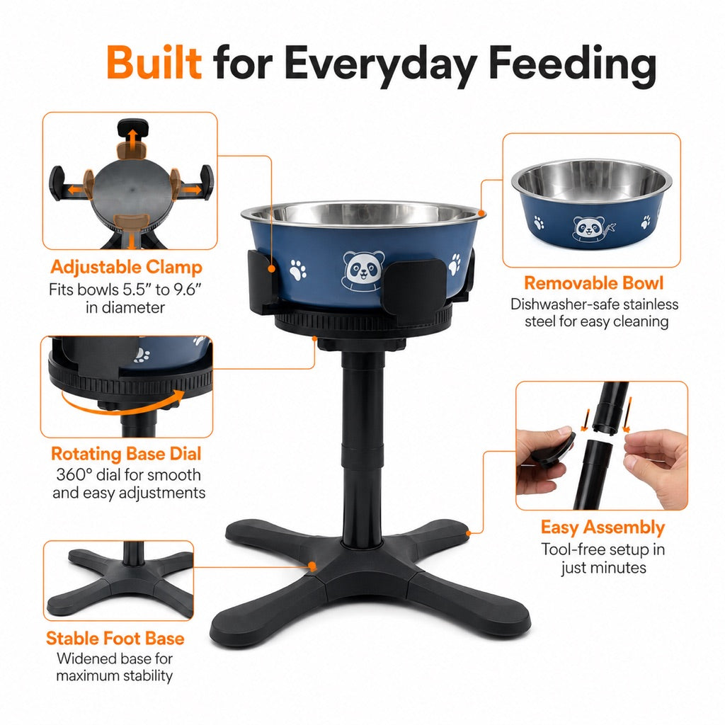 Malloren French Bulldog Adjustable Elevated Tilted Dog Bowl for Kitchen Feeding Corners - 3-Height Stand with Slow Feeder Insert to Reduce Neck Bending & Mess