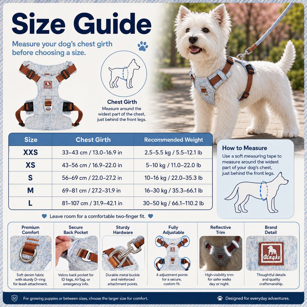 Malloren Vintage Denim No-Pull Dog Harness &5 ft Rope Leash Set - Soft Adjustable Vest for Everyday Walks, Better Control & Low-Light Visibility