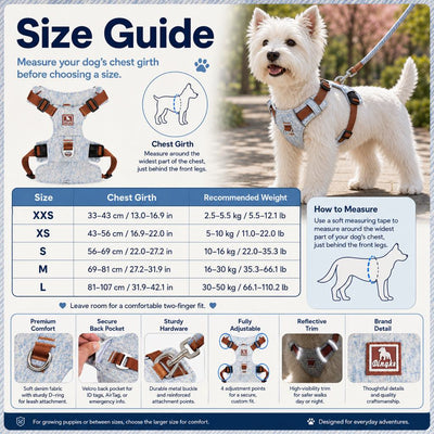 Malloren Vintage Denim No-Pull Dog Harness &5 ft Rope Leash Set - Soft Adjustable Vest for Everyday Walks, Better Control & Low-Light Visibility