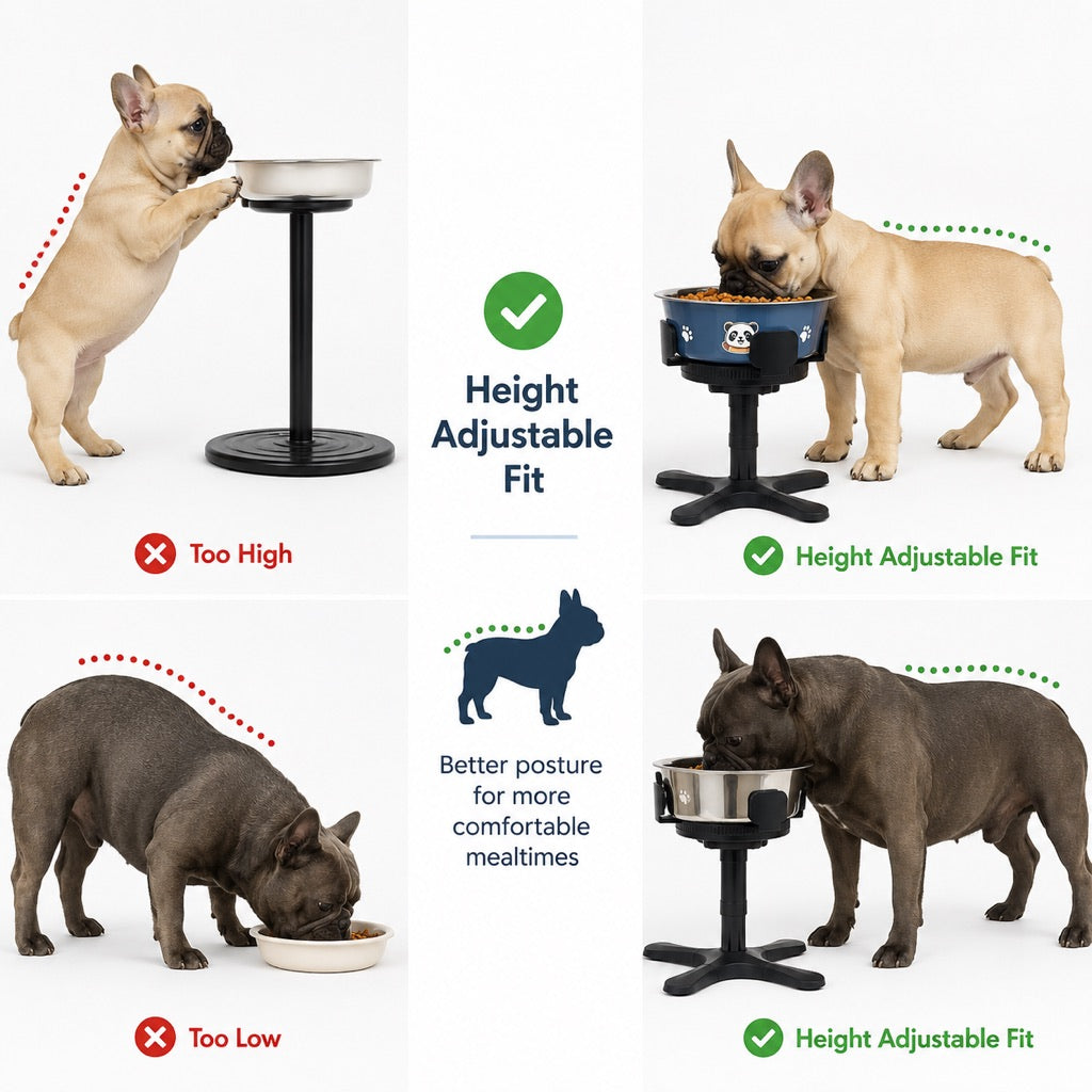 Malloren French Bulldog Adjustable Elevated Tilted Dog Bowl for Kitchen Feeding Corners - 3-Height Stand with Slow Feeder Insert to Reduce Neck Bending & Mess