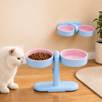 Malloren Adjustable Elevated Pet Bowl for Cats & Small Dogs - Space-Saving Wall-Mount or Freestanding Feeder for Cleaner Mealtimes