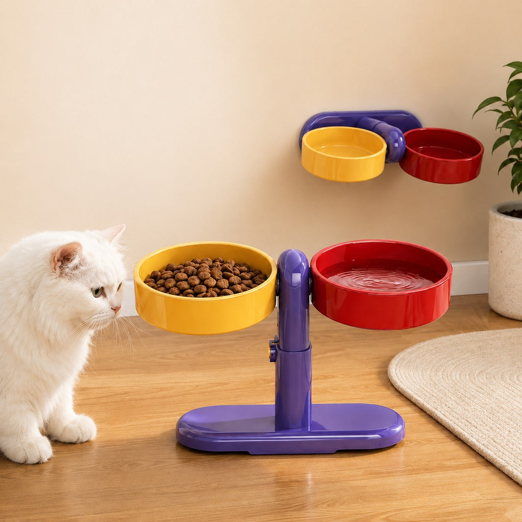 Malloren Adjustable Elevated Pet Bowl for Cats & Small Dogs - Space-Saving Wall-Mount or Freestanding Feeder for Cleaner Mealtimes