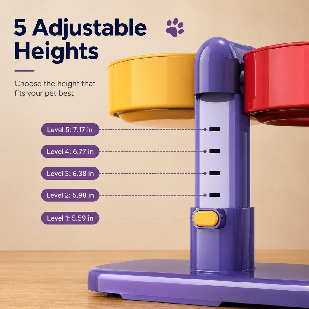 Malloren Adjustable Elevated Pet Bowl for Cats & Small Dogs - Space-Saving Wall-Mount or Freestanding Feeder for Cleaner Mealtimes