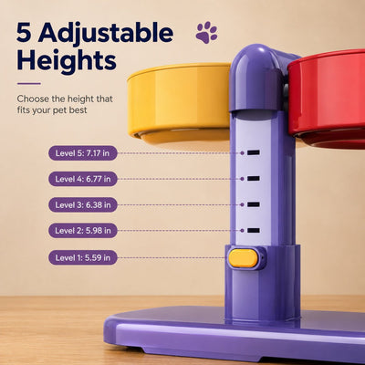 Malloren Adjustable Elevated Pet Bowl for Cats & Small Dogs - Space-Saving Wall-Mount or Freestanding Feeder for Cleaner Mealtimes