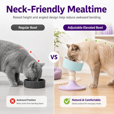 Malloren Adjustable Elevated Pet Bowl for Cats & Small Dogs - 3 Height Modes for Comfortable Feeding