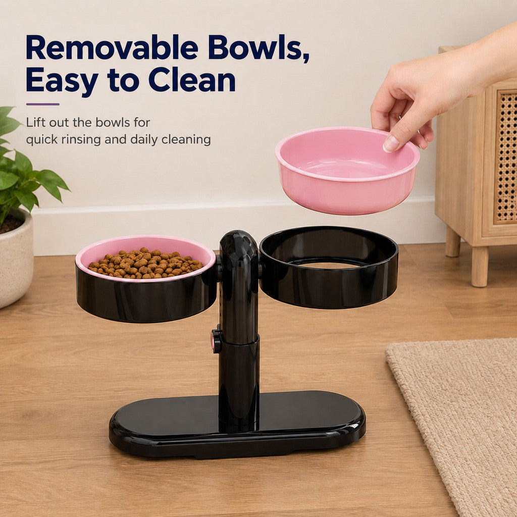 Malloren Adjustable Elevated Pet Bowl for Cats & Small Dogs - Space-Saving Wall-Mount or Freestanding Feeder for Cleaner Mealtimes